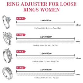 16 Pack Ring Sizer for Loose Rings - 4 Sizes, Invisible Clear Silicone, Non-Slip Ring Resizer and Tightener Guard. Adjustable Spiral Silicone Jewelry Fitter for Women and Men. Make Rings Smaller
