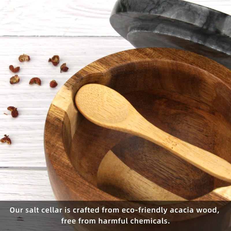 HESHIBI Wooden Salt Cellar Box with Marble Lid & Spoon,