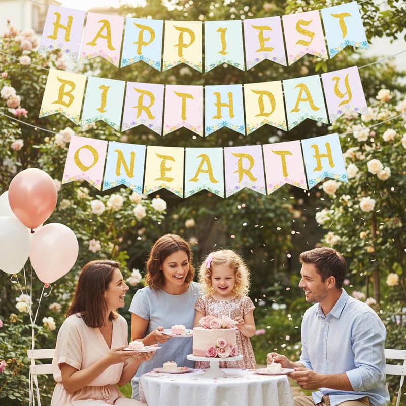 Colorful Happiest Birthday on Earth Banner, Pre-Strung Princess Theme Decor
