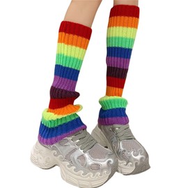 Insdark Y2k Harajuku Leg Warmers for Women Goth Rainbow Striped Knitted Rave Gothic Alt Punk Grunge Emo Knit Ice Skating Plus Size Legwarmers, Colorful Stripe Graphic, Multicolour