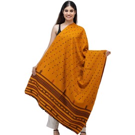 Exotic India Shawl from Kutch with Woven Border and Embroidered Mirrors - Color Dark Cheddar
