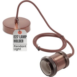 LEDSone Vintage Pendant Light Fitting Modern Retro Industrial Style E27 Lamp Copper Holder, Brown Round Braided Flex, Copper Ceiling Rose, 1m