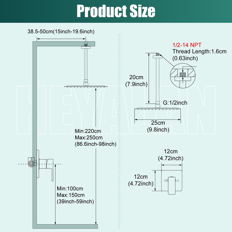 Heyalan Shower Faucet Set Square Stainless Steel Bathroom Rainfall Shower