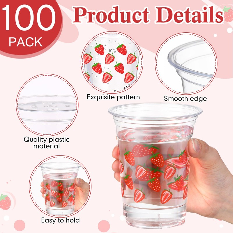Jingmore 100 Pack Strawberry Plastic Cups 16 oz Red Strawberry
