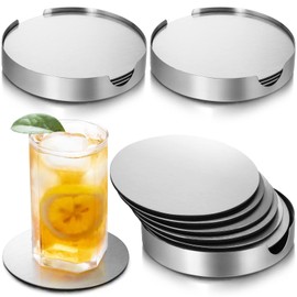 Hiceeden 18 Pack 4 Inch Stainless Steel Coasters, Round Silver Modern Coasters with 3 Holder, Rubber Foam Anti-Slip Bottom Coasters for Outdoor, Kitchen, Bar