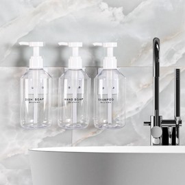 GOYISEE 3-Chamber Shampoo & Conditioner Dispenser - Wall-Mounted Soap Dispenser Plastic Bottles with 4CC Pumps, No Drill Installation, Refillable for Bathroom, RV, Commercial Use Clear