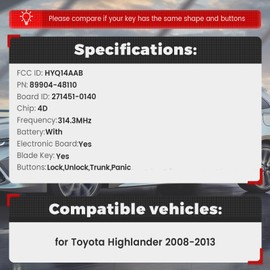 Beefunny Remote Key Fob Replacement for Toyota Highlander 2008 2009 2010 2011 2012 2013 Keyless Entry Smart Car Key Fob 4 Buttons FCC ID:HYQ14AAB Board ID:271451-0140 (1)