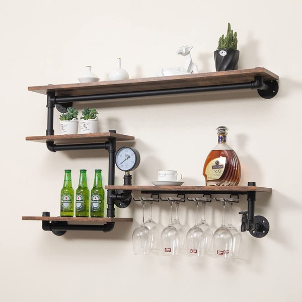HEONITURE Industrial Pipe Shelves Wine Rack Wall Mounted with 4