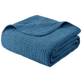 Yoofoss Muslin Blanket 100% Cotton Summer Blanket Large Twin Size 60" x 80" for Bed Couch 6-Layer Gauze Blanket for Adults Lightweight and Breathable Dark Blue