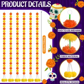 6 Pcs 5 Feet Long Strands Marigold Flowers Garland with Pendant Indian Wedding Decoration Artificial Decorations for Altar Faux Flower for Diwali, Pooja, Bush Floral Party (Orange&Yellow)