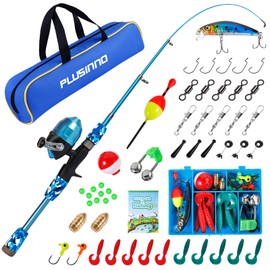 PLUSINNO Kids Fishing Pole with Spincast Reel Telescopic Fishing Rod Combo Full Kits for Boys, Girls, and Adults(Blue, 150CM 59.02In)