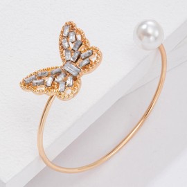 Wendalern Gold Cuff Bangle Bracelet Zirconia Butterfly Pearl Open Bangle Dainty Crystal Butterfly Pearl Wrist Bangle Adjustable Thin Cuff Bracelet Hand Jewelry for Women and Girls