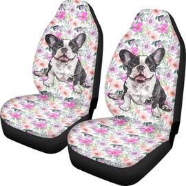 Poceacles Boston Terrier Floral Universal Car Seat Covers Pack of 2, Auto Front Seat Covers Soft Breathable Car Bucket Seat Cover Protective Car Accessories Interior for Car Truck Sedan SUV