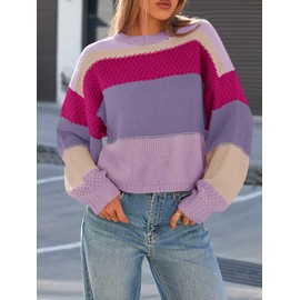 Saodimallsu Womens Color Block Cropped Sweaters 2025 Winter Trendy Casual Oversized Y2k Going Out Striped Pullover Tops Purple