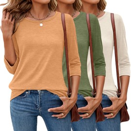 Ficerd 3 Pack 3/4 Sleeve Tops for Women Round Neck Dressy Basics Tees Casual Trendy Loose Fit T Shirts(Light Orange, Dark Green, Cream,Large)