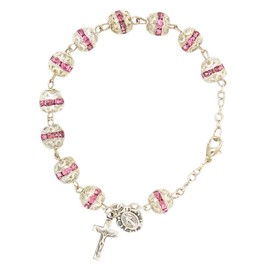 Needzo Rosary Bracelet for Women Silver Tone Base Metal and Pink Plastic Rhinestone Design Beads with Crucifix Cross Dangle and Miraculous Medal, 7 1/2 Inches