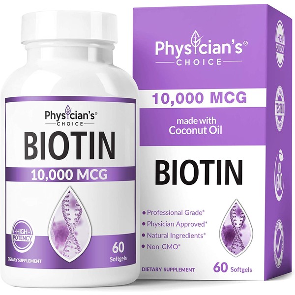 Biotin 10000mcg with Coconut Oil for Hair Growth, Natural Hair, Skin and Nails Vitamins - High Potency Biotin, Non-GMO, Gluten-Free, 60 Veggie Capsules