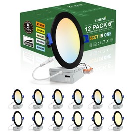zouzai 12 Pack 6 Inch Black 5CCT Reset LED Recessed Ceiling Light with Junction Box, 2700K/3000K/3500K/4000K/5000K Selectable, 12W Eqv 110W,Dimmable, led can Lights- ETL and Energy Star Certified