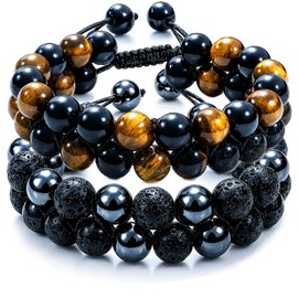 Lianary Black Obsidian Hematite Triple Protection Bracelets - Tiger Eye Beaded Natural Stone Set for Men Women Crystal Gemstone (Double Protection)