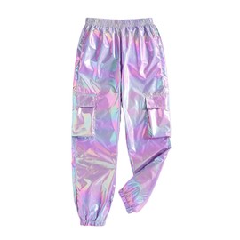 MakeMeChic Girl's Metallic Jogger Pants Shiny Elastic Waist Flap Pocket Streetwear Trousers Purple 9Y
