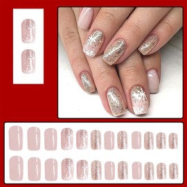 Christmas Press on Nails Square Fake Nails Short with Gold Foil Design Glue on Nails Artificial Winter Xmas Glossy Acrylic Nails Bling Christmas Stick on Nails Artificial Nail for Women Manicure 24Pcs