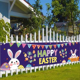 BlissYard Happy Easter Banner 79x18 Inch Polyester Large Easter Decorations Yard Cute Bunny Eggs Banners for Indoor Outdoor Party Easter Bunny Poster Wall Hanging Backdrop Decor