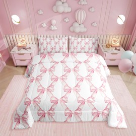 Erosebridal Ribbon Bow Bedding Set for Kids Girls Teen Women,Pink Girly Bowknot Bedding Comforter Sets King Cute Fantasy Princess Comforter Set Kawaii Bow Tie Bed Duvet Set 2 Pillow Cases