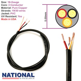 NATIONAL Wire&Cable - 18 Gauge 3 Conductors Premium Electrical Wire - Made in USA - 18 AWG Wire Stranded PVC Cord Copper Cable 25 Ft. Flexible Low Voltage LED Cable Lamps Lighting Automotive