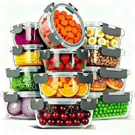 Bestfull 12 Pack Glass Food Storage Container Set with Lids Non Toxic, Stackable Borosilicate Glass Meal Prep Containers, Microwave, Oven, Freezer and Dishwasher Safe (Gray)
