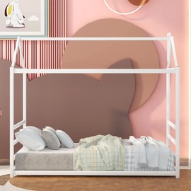 CITYLIGHT House Bed Twin for Kids,Montessori Bed for Toddlers, Metal House Floor Bed Frame with Roof,Children's Twin Bed Frame for Girls, Boys,Box Spring Needed,White