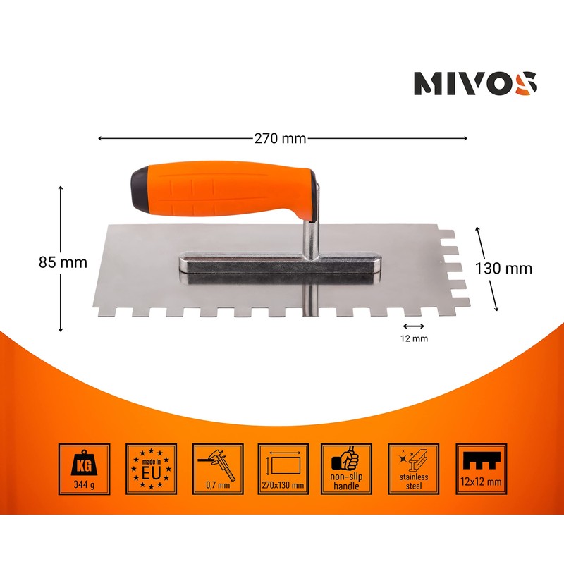 Mivos Professional Smoothing Trowel 10 x 10 mm - Stainless