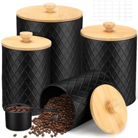 Reallnaive 4 Pcs Black Coffee Canister Set for Coffee Bar Kitchen Countertop Sugar Flour Storage Containers Metal Tea Jar with Airtight Lids and and Labels Housewarming Gift (4 Sizes)