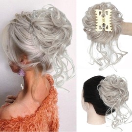 MSMUSAS Claw Clip Messy Bun Hair Piece Tousled Updo Hair Extensions Scrunchie Curly Wavy Faux Hair Clip on Buns Long Beard Chignon Buns Hair pieces for Women (Smoke Gray)