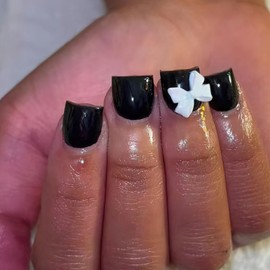 FNKFNK Black Press on Nails Short Square Fake Nails with 3D White Bow Design Glossy Black Solid Color Full Cover Glue on Nails Reusable Classic False Artificial Nails for Women 24Pcs