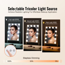 Happybuy Hollywood Vanity Mirror with Lights, 12 Dimmable Bulbs & 3 Color Lighting Modes, Makeup Mirror with Detachable 5X Magnification, Smart Touch Control, 360 Degree Rotation(16.1x11.8 in, White)