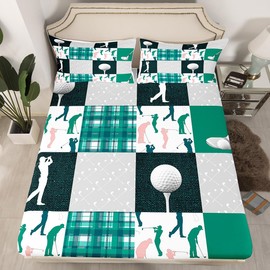 Ball Sports Full Size Fitted Sheet,Golf Themed Lover Style,Soft Fabric Bedding Deep Pocket,Green Navy Buffalo Grid Geometric Bed Mattress Cover Decor, 2 Pillowcases