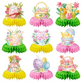 Chilfamy Easter Day Decorations, 9Pcs Easter Day Honeycomb Party Centerpieces, Egg Bunny Table Topper Decors for Kids Spring Easter Baby Shower Rabbits Theme Birthday Party Supplies