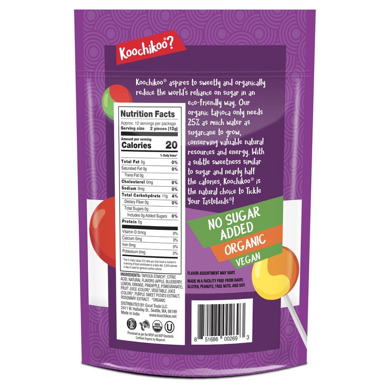 Koochikoo Organic & Sugar Free Lollipops Pouch, Assorted Fruit Flavors,