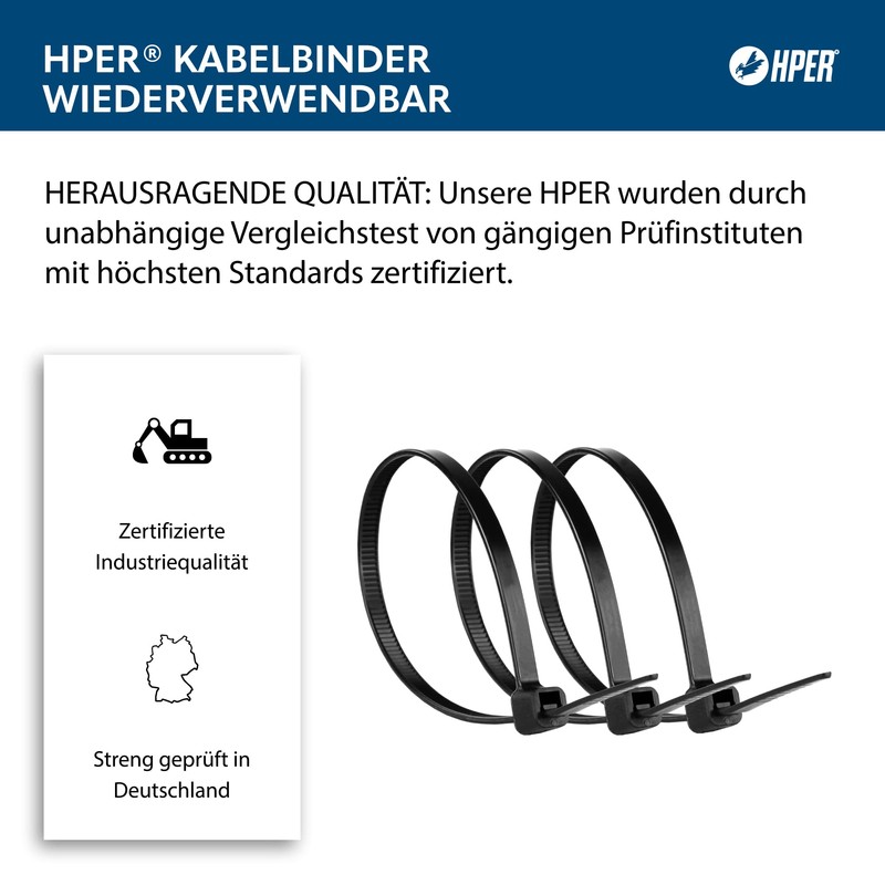 HPER Reusable Cable Ties, White, 300 mm x 4.8 mm,