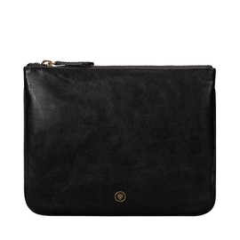 Womens Quality Leather Flat Makeup Bag | The Zeta | Handmade in Italy | Night Black