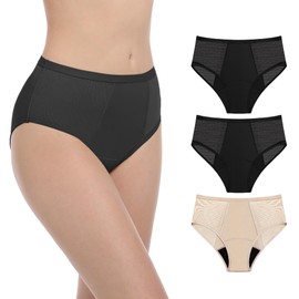AIRCUTE Washable Women Urine Incontinence Underwear Leak Proof Panties for Postpartum Bladder Leak with 50 ml Absorbency 3 Pack (1 Black-2 Beige, M)