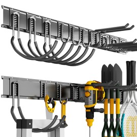 CRXCRC Shed Tool Organizer Wall Mount, 64inch Heavy Duty Garden Tool organizer Storage System, Easy Install With 10 Adjustable Hooks, For Garage, Basement, Shed, Workshop(Black)