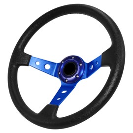 QYMOPAY Drifting Deep Dish Racing Steering Wheel, 6 Bolt Anti-Slip Leather and Aluminum Gaming Wheel with Horn Button for Car Sim/JDM Sports Steering (Blue)