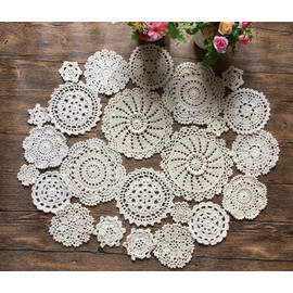 MINDPLUS Set of 24 Hand Crochet Doilies Cotton Crocheted Lace Doilies 2-7 Inches Round Beige Vintage (24pcs Beige)