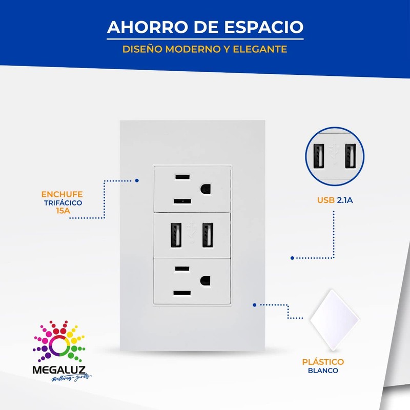 Megaluz HY-B310 Placa Contacto Tomacorriente Inteligente Conector USB 2 Puertos