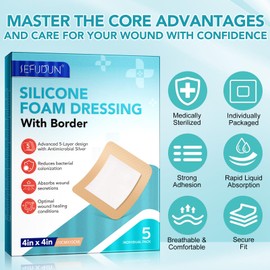 Silikonschaum-Dressing 4"X4'' Extra Dünne Sterile Wundbandage Mit Sanfter Silikon-Klebekante, Oberflächliche Wundpflege, Wasserdichte Atmungsaktive Ultra-Absorbierende Weiche Pads (5-Packungen)