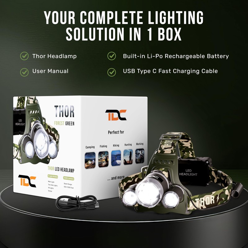 TDC Camo Rechargeable Headlamp - Zoomable Led Headlamp - Headlamp