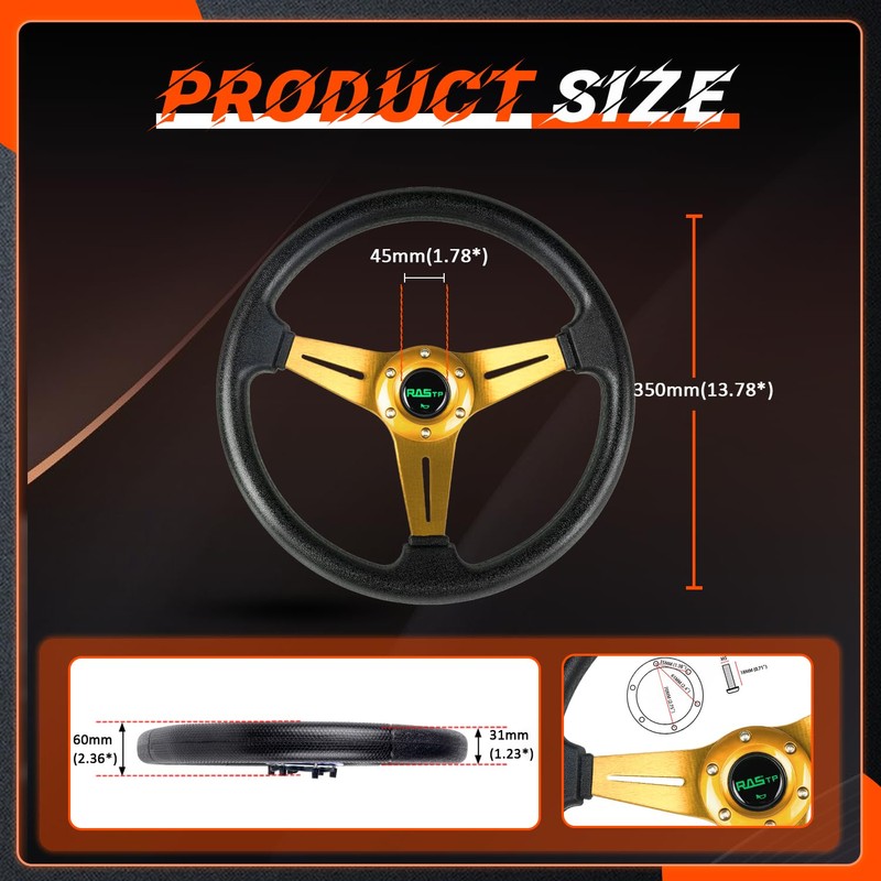 RASTP Universal Racing Steering Wheel 13.8”/350mm 6 Bolts Grip Vinyl