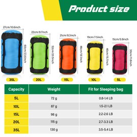 GliCraft 5 Pcs 5L/10L/15L/20L/35L Camping Sleeping Bag Compression Sacks for Backpacking Water Resistant Sleeping Bag Stuff Sack Space Saving Storage Sack for Hiking Gear(Bright Colors)
