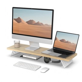 Fenge Monitor Stand Riser, Desk Top Shelf for 2 Monitors, Computer Stands for Desk, Wood & Steel Desktop Riser for Laptop, PC, Printer
